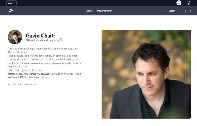My profile info from Wandering.shop displayed on Hop Sauna