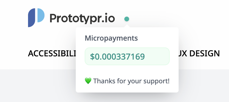 Screenshot of Prototypr website - in the top right there is a little green circle that shows when a Coil subscriber uses the site. When hovered, a tooltip showing a micropayment stream counter is displayed.
