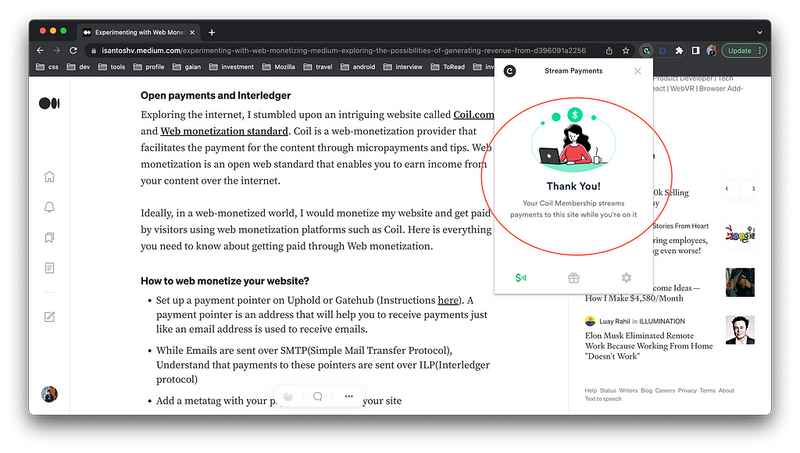 Coil streaming payments to the medium site