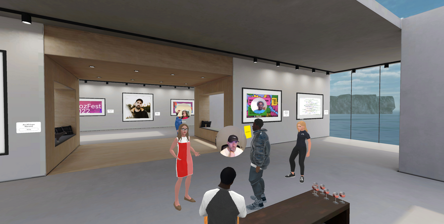 Erica, Adam, Micah and Wendy chatting in the virtual gallery in Spatial