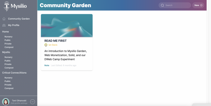 Screenshot of the home dashboard for a community digital garden