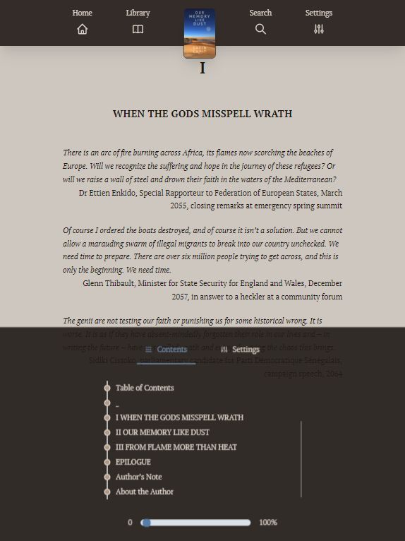 Qwyre.com Epub reader, showing the menu page for 'Our Memory Like Dust'