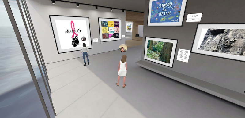 The Interledger Community Gallery in Spatial with a couple of the attendees looking at the art.