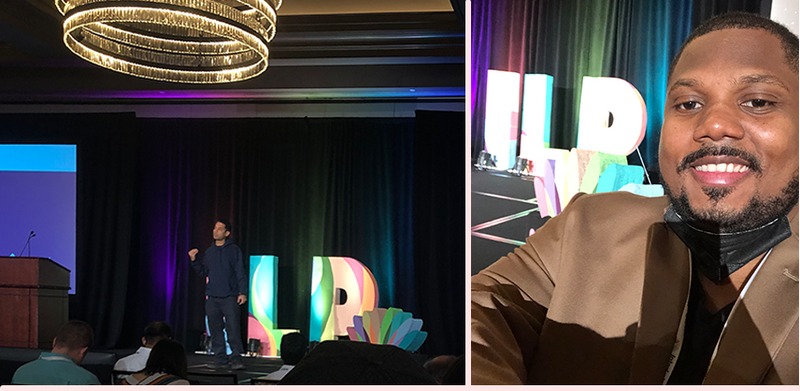 2 images, Arunjay's Presentation and Douglas posing in front of Main Stage ILP Sign