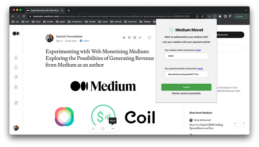 Popup to configure Medium account and payment pointer on from Medium Monet