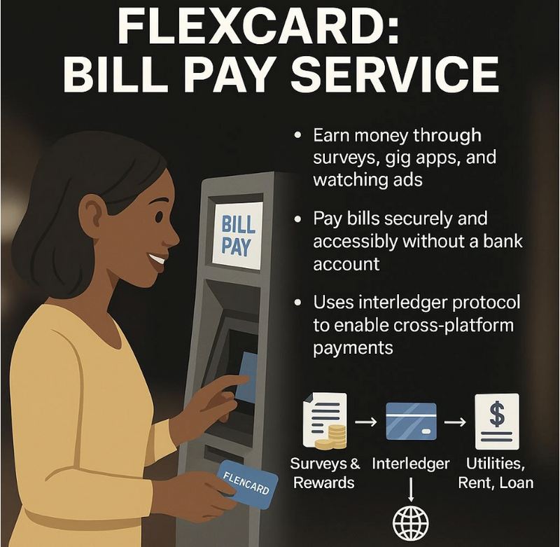 Flexcard Bill Pay Service - Woman at a ATM - Image Explains the FlexCard Services - earn money, pays bills, uses ILP