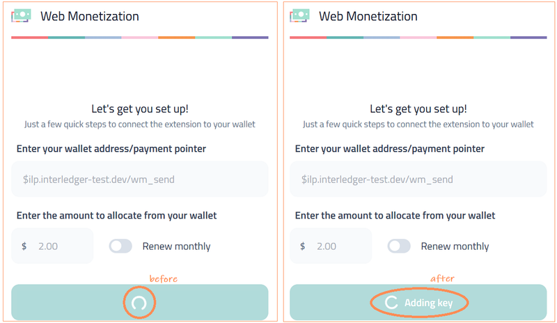 A before and after image of the extension, where before shows a spinning wheel to indicate that connection is in progress, and after shows text indicating the current step of wallet connection