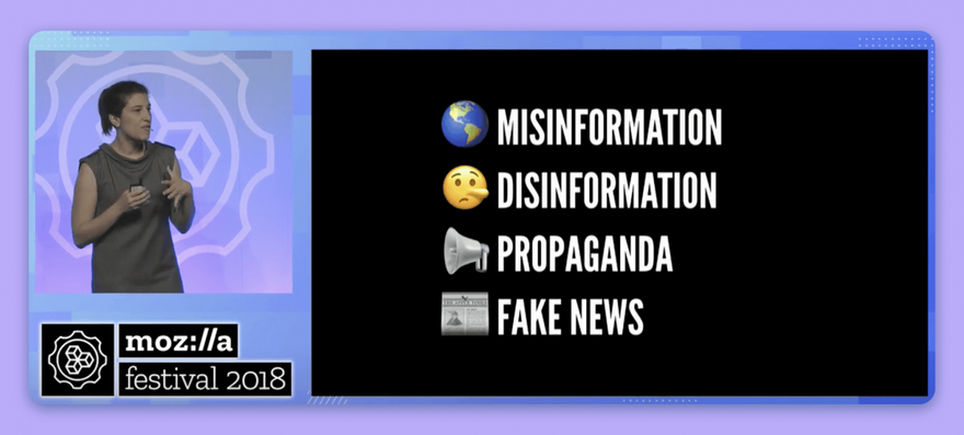 Renee DiResta presenting at MozFest 2018, showing a slide saying: Misinformation, Disinformation, Propaganda, and Fake News