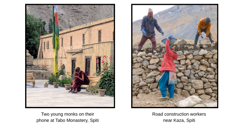 Photo of young monks on their phone outside Tabo Monestary in Spiti and road construction workers near Kaza, Spiti