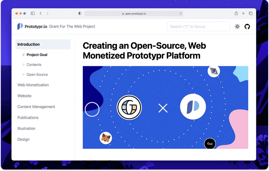 a screenshot of open.prototypr.io - our documentation on  building the new web monetized, open source  Prototypr