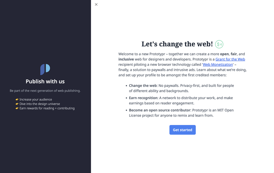 User onboarding screen 1: explaining how Web Monetization is good for the web