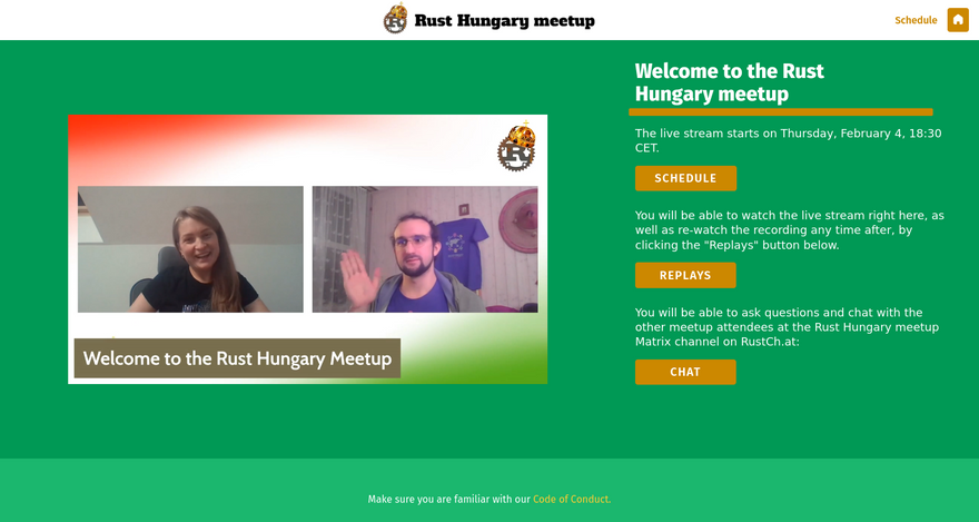 Screenshot of Waasabi powering the Rust Hungary meetup's online streaming infrastructure