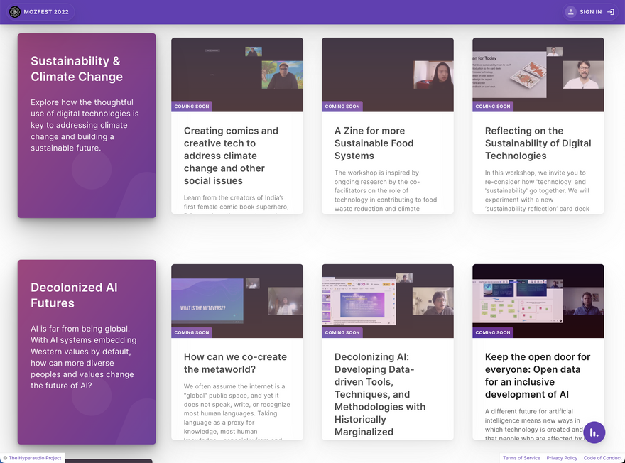 Part of the front page of mozfest.hyper.audio showing various talks and their descriptions