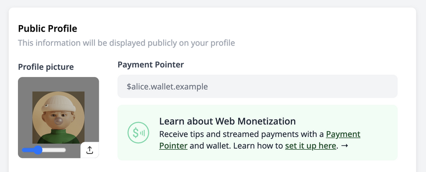 Screenshot of payment pointer input section on a Prototypr user profile form