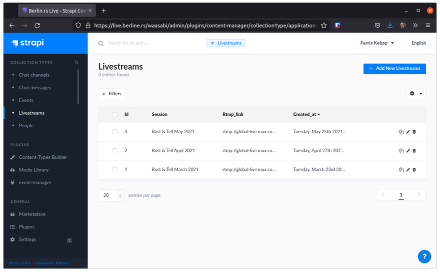 Waasabi’s administration interface in Strapi