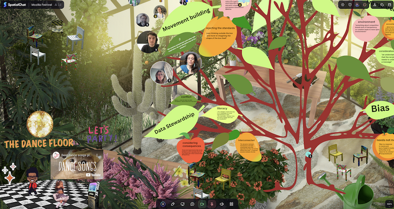 A snippet of the Emergent Encounters Greenhouse in Spatial Chat at MozFest 2023