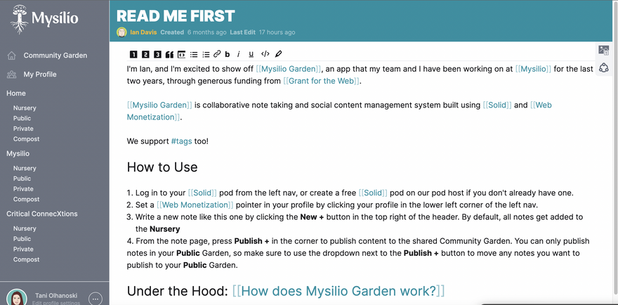 Screenshot of a user's note published to a community digital garden