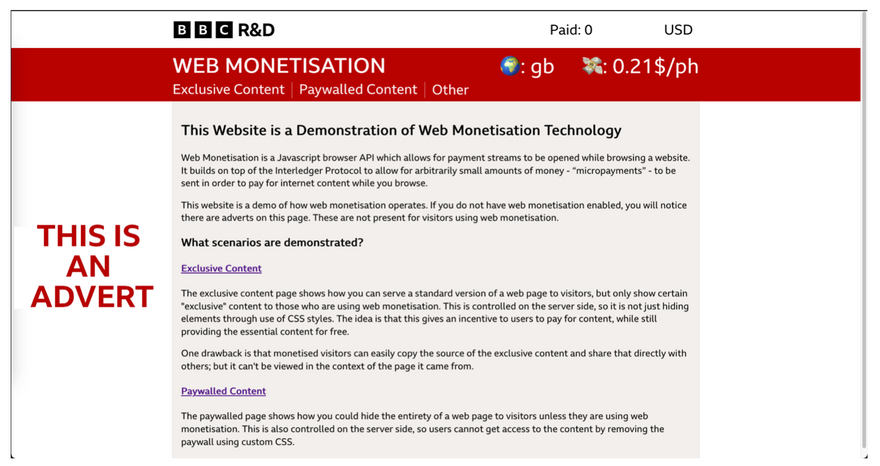 A screenshot of a test web page showing that monetisation - and therefore advertising - is enabled