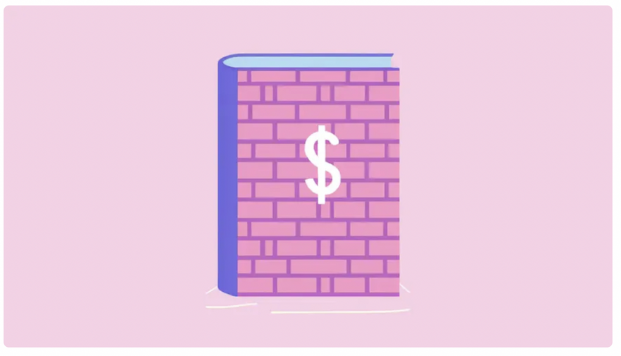 A pink book with the front cover as bricks, with a dollar sign on it