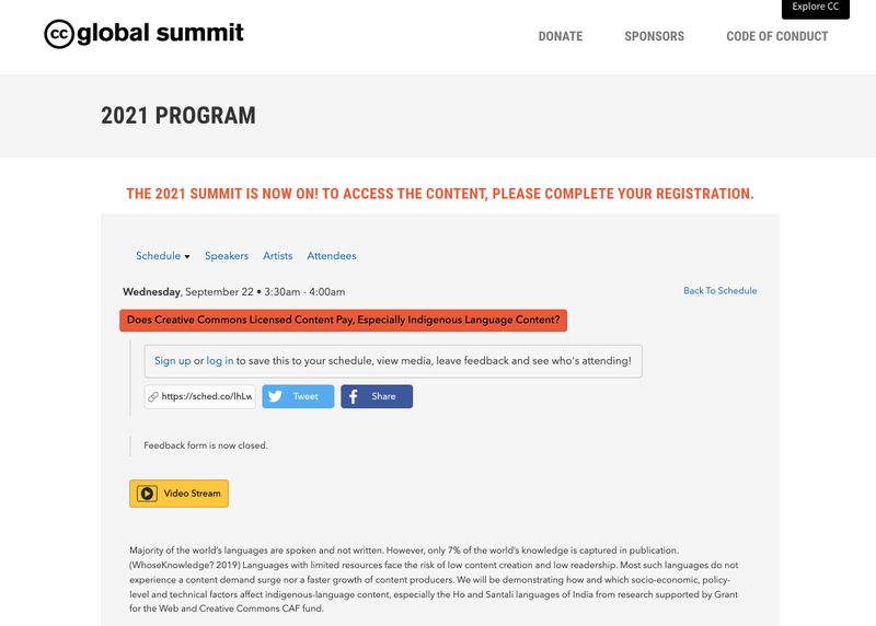 Screengrab of our Creative Commons Global Summit 2021 session "Does Creative Commons Licensed Content Pay, Especially Indigenous Language Content?"